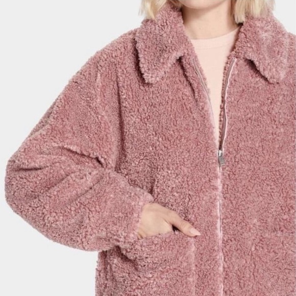 UGG Kaley Teddy Bear Coat Plush Fuzzy Cozy Jacket - Ariana Grande Pink Blush Sm - Picture 2 of 13